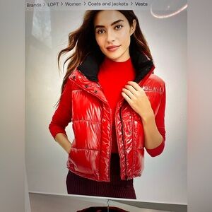 NWOT Lou & Grey Shiny Red Puffer Vest with Hood